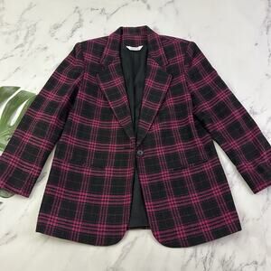 Sellecca Womens Vintage 90s Blazer Jacket Size 10 Black Pink Plaid Wool Blend